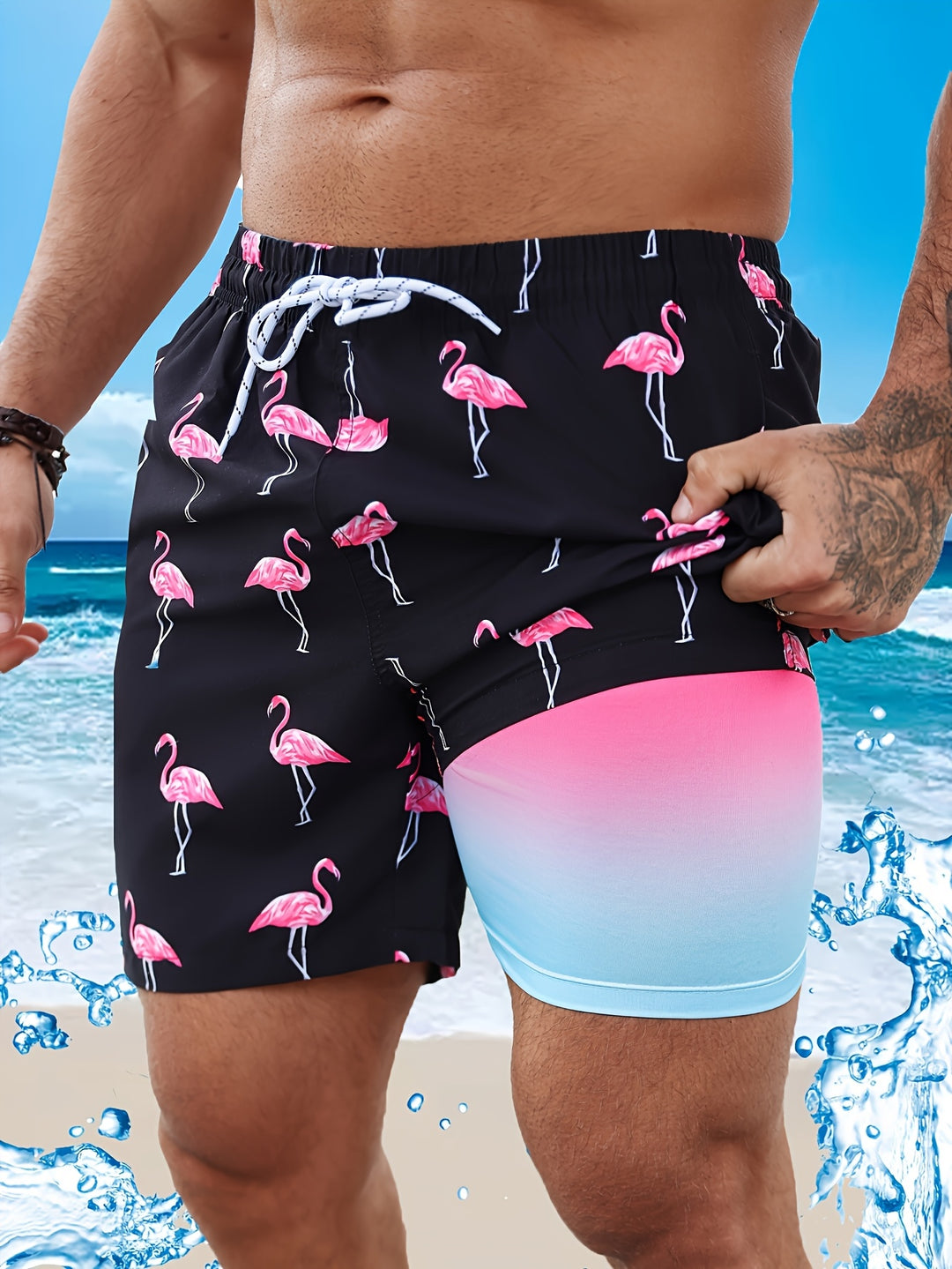 Pantaloni da spiaggia da uomo | Colori gradienti & Stampa di fenicotteri | Stile estivo casual