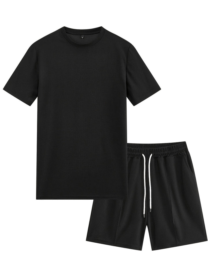 Set da Uomo | Outfit Sportivo Estivo | T-shirt a Waffle & Shorts con Tasche | Materiale Elastico