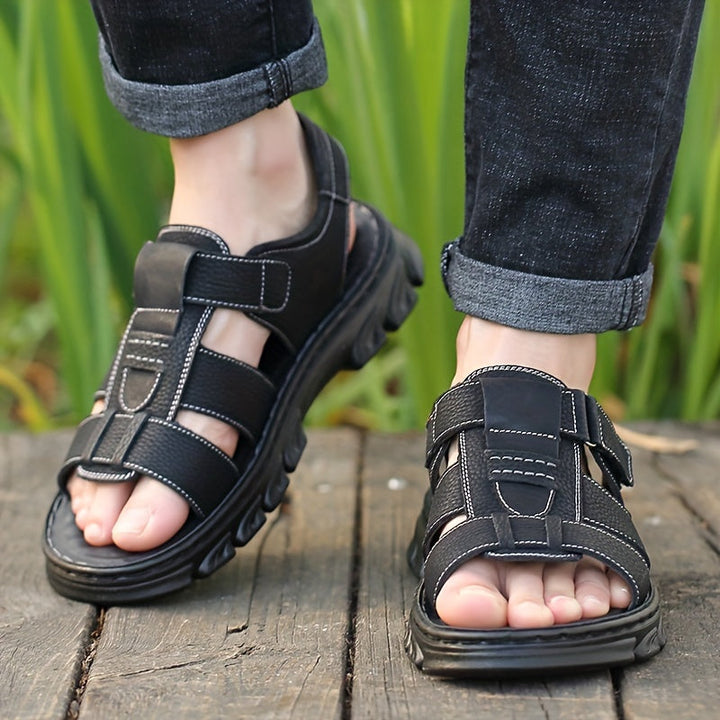 Sandali da Uomo | Punta Aperta & Velcro | Confortevoli & Antiscivolo | Pelle di Vitello & Suola in Gomma