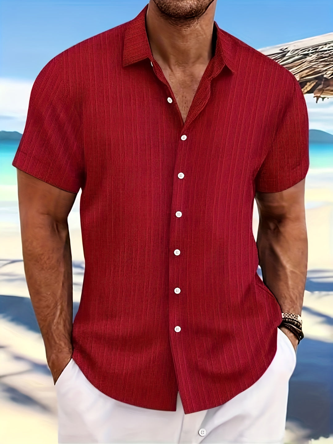 Camicia da Uomo | Design Uniforme Tessuto | Collo Rigido & Chiusura con Bottone | Stile Casual Estivo