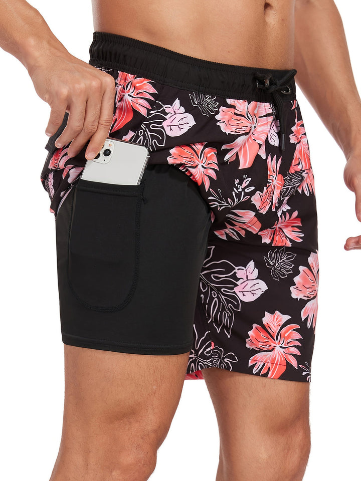 Costume da bagno da uomo | Stampa hawaiana e fenicottero | Asciugatura rapida e con cordino