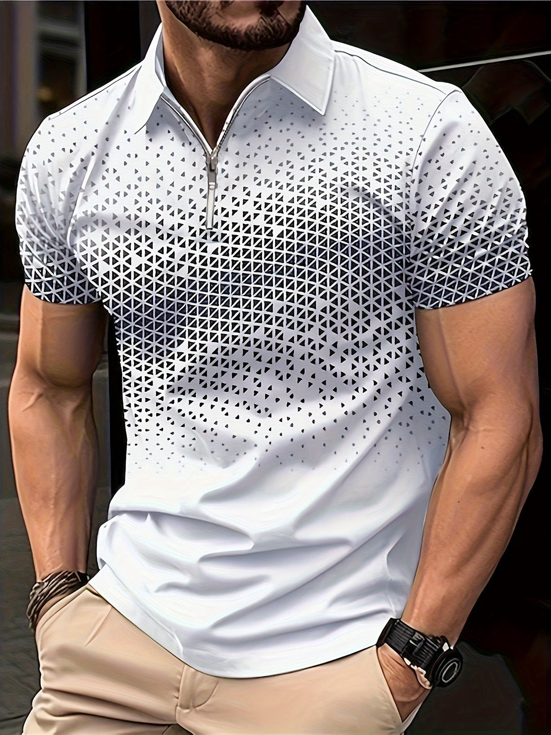 Camicia da Uomo | Motivo Geometrico | Confortevole & Versatile | Zip Manica Corta