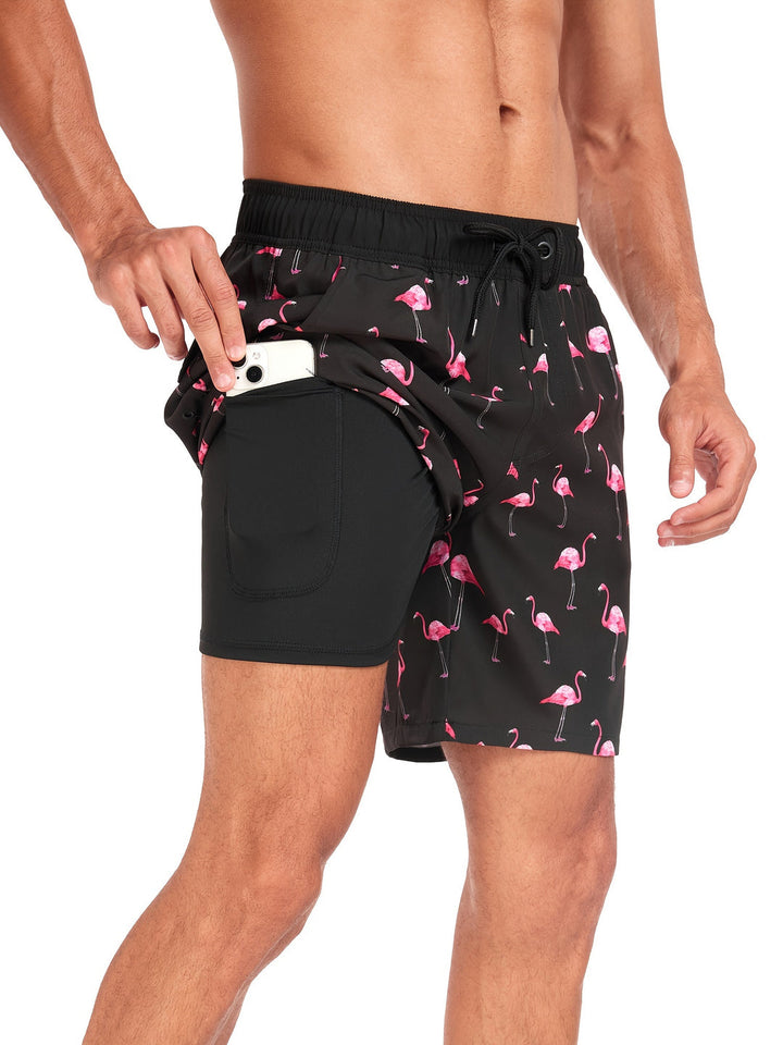 Costume da bagno da uomo | Stampa hawaiana e fenicottero | Asciugatura rapida e con cordino