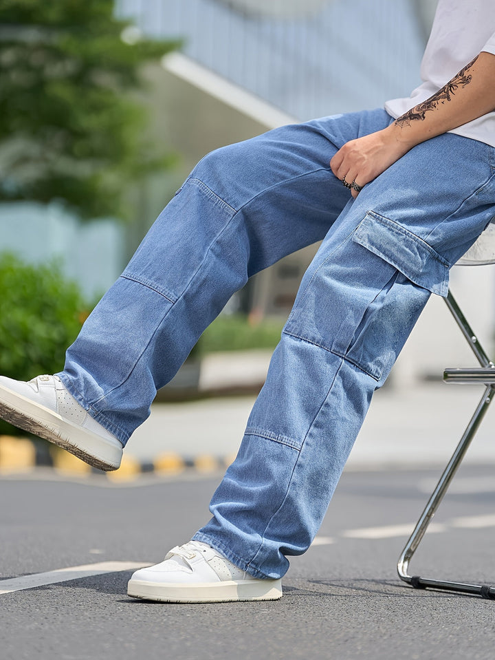 Pantaloni Cargo Denim da Uomo | Vestibilità Ampia & Molteplici Tasche | Colore Unito | Casual & Outdoor