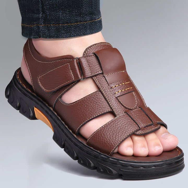 Sandali da Uomo | Punta Aperta & Velcro | Confortevoli & Antiscivolo | Pelle di Vitello & Suola in Gomma