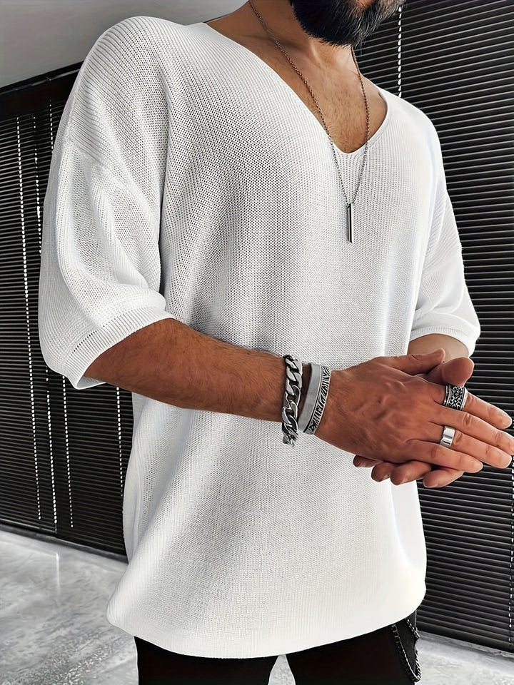 Maglietta da Uomo In Maglia | Collo a V & Maniche Corte | Vestibilità Larga | Casual Estivo