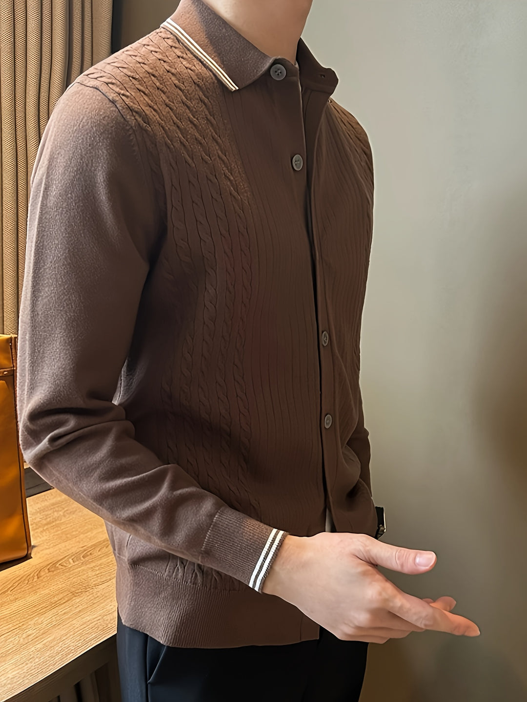 Maglione da Uomo | Lavorazione a Treccia & Leggero | Con Bottoni & Colletto Casual | Autunno & Inverno